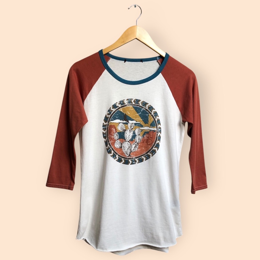 Southwestern Cactus Graphic Print Raglan T-shirt Casual Boho Aztec Women’s Small